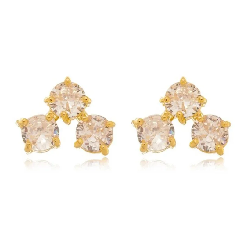 Brinco Com 3 Cristais Zircônias Banhado A Ouro 18K Cristal