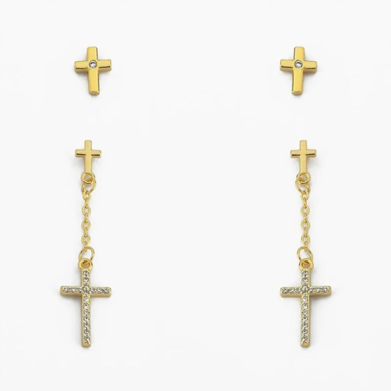 Dupla Brinco Cruz Cravejado Com Zircônia Cristal - Atraktiva Joias