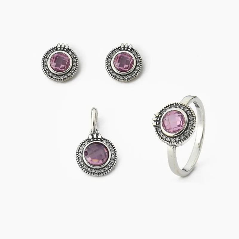Conjunto Brinco Pingente e Anel com Cristal e Zircônias Prata 925 21 / Rosa