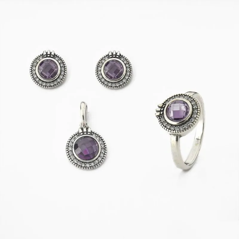 Conjunto Brinco Pingente e Anel com Cristal e Zircônias Prata 925 17 / Roxa