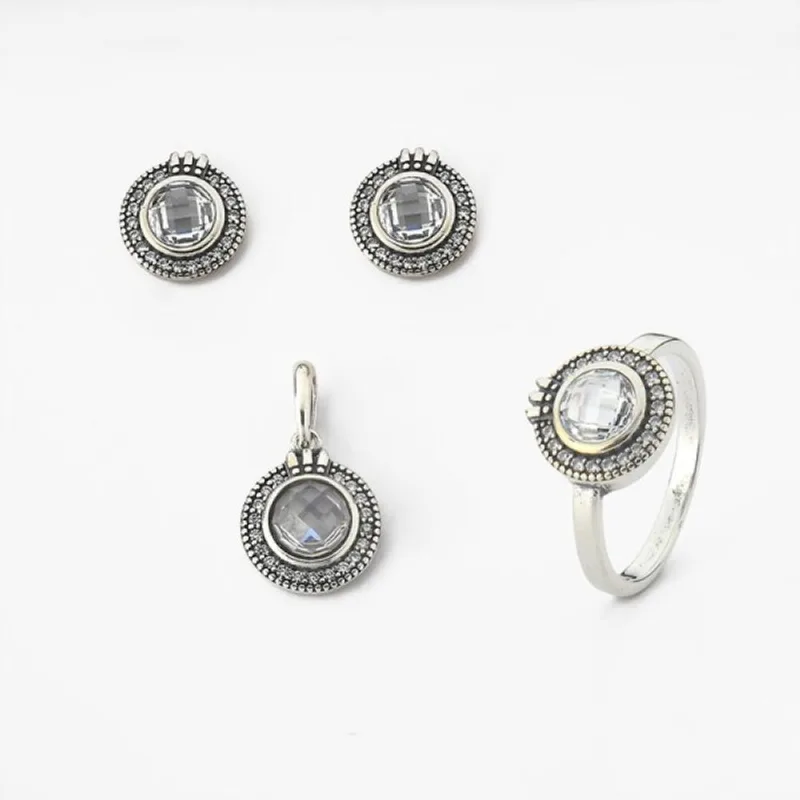 Conjunto Brinco Pingente e Anel com Cristal e Zircônias Prata 925 21 / Cristal