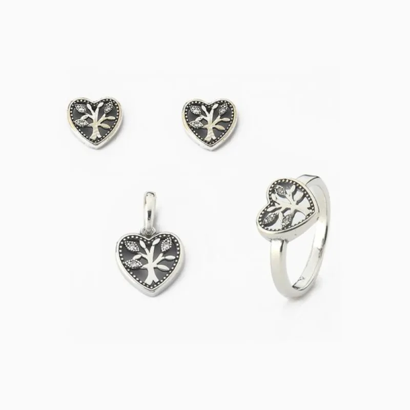 Conjunto Brinco Pingente E Anel Arvore Da Vida Com Zircônias Prata 925 17 / Prata