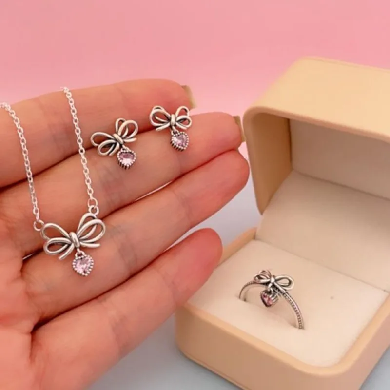 Conjunto Colar Brinco e Anel Laço com Zircônia Prata 925 14 / Rosa - Atraktiva Joias