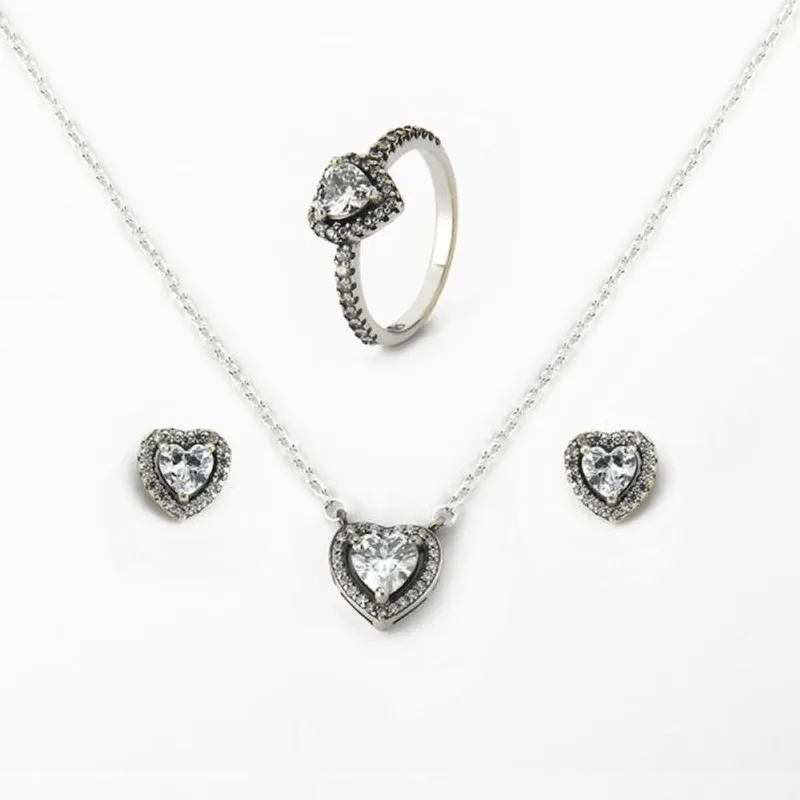 Conjunto Colar Brinco e Anel Com Zircônia Prata 925 21 / Cristal