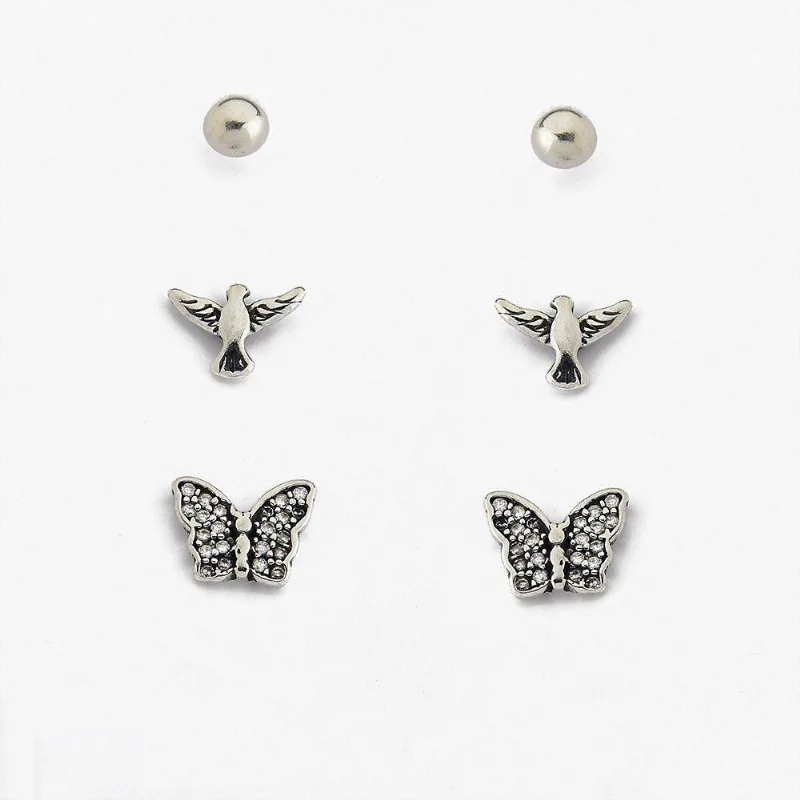 Trio Brincos Borboleta E Espirito Santo Cravejado Com Zircônias Prata 925