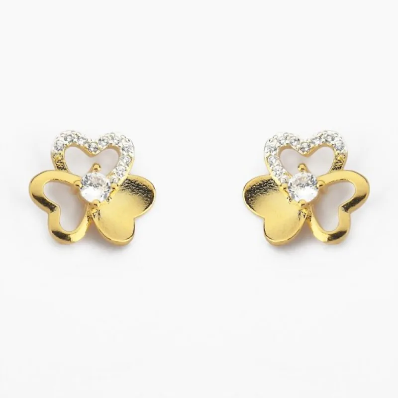 Brinco Flor com duas Pétalas vazadas e detalhe em Zircônia banhado a Ouro 18k Único / Dourado