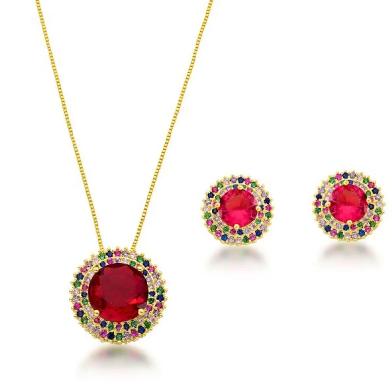 Conjunto Colar e Brincos Ponto de Luz Banhado a Ouro 18k Vermelha