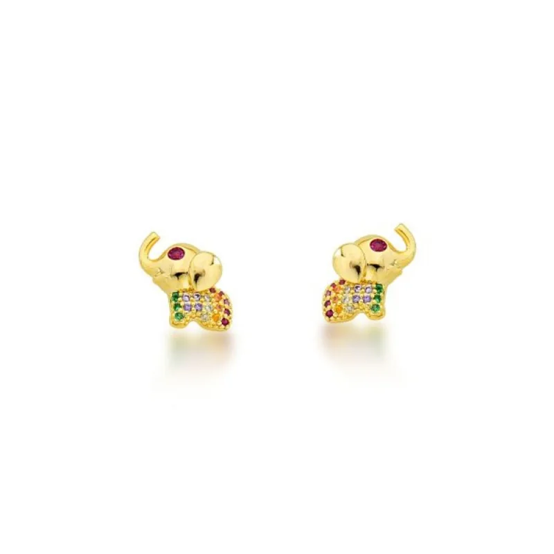 Brinco Elefante da sorte colorido Banhado Ouro 18k - Atraktiva Joias