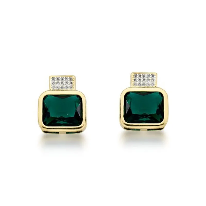 Brincos com Zircônia Quadrada e Detalhes em Microzircônias, Banhados a Ouro 18k Verde Escuro - Atraktiva Joias