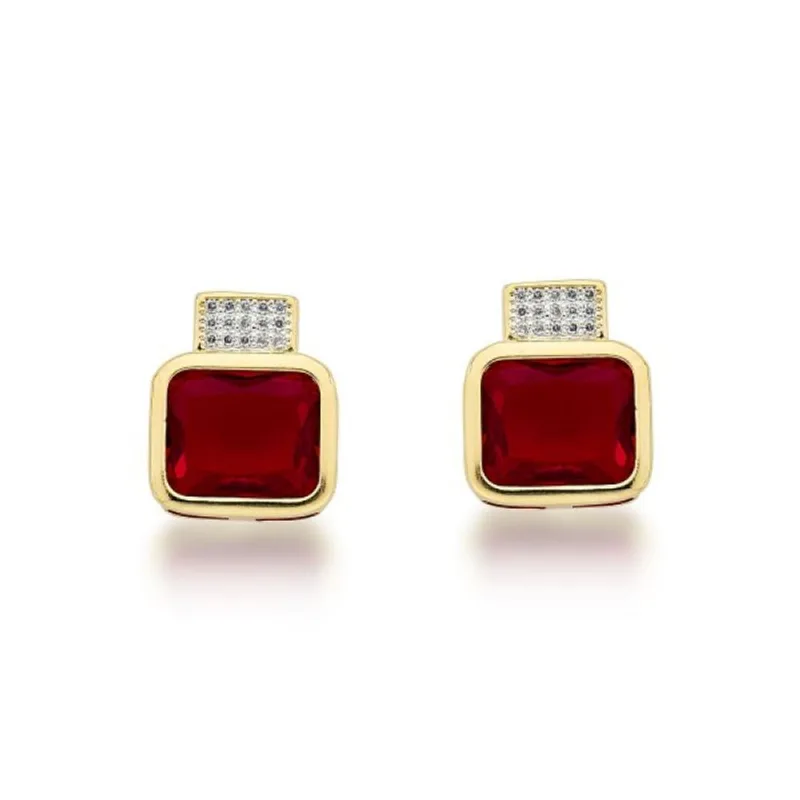 Brincos com Zircônia Quadrada e Detalhes em Microzircônias, Banhados a Ouro 18k Vermelha - Atraktiva Joias