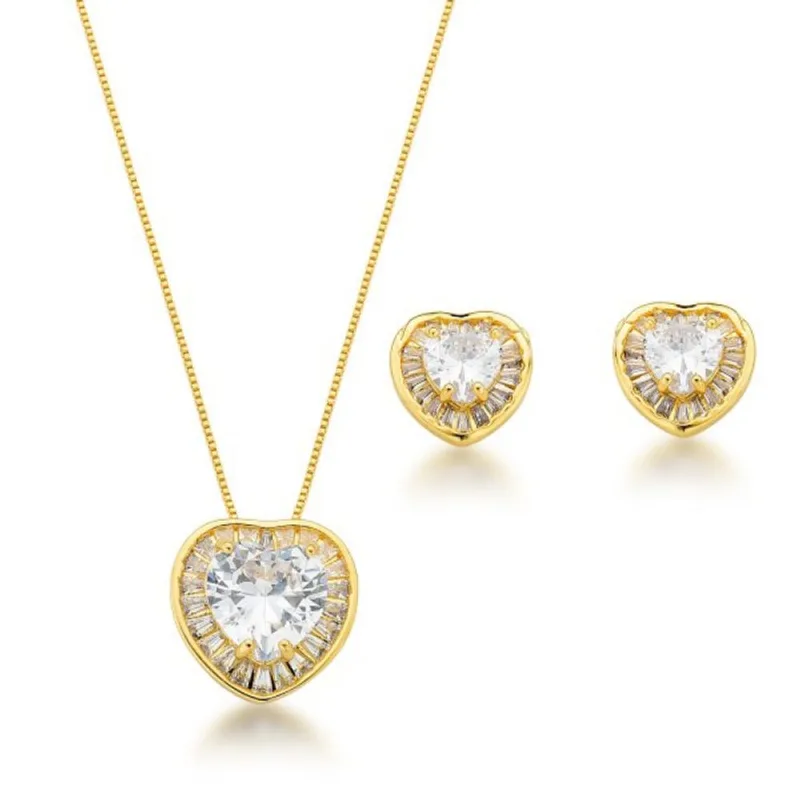 Conjunto Colar e Brincos Coração cravejado Banhado a Ouro 18k Verde - Atraktiva Joias