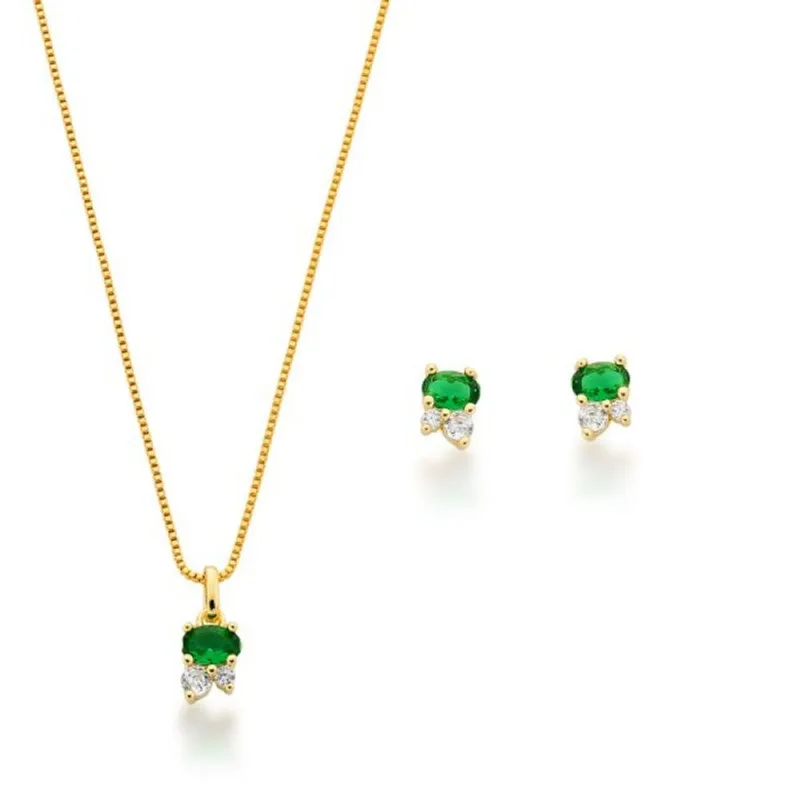 Conjunto Colar e Brincos Delicado Banhado a Ouro 18k Verde - Atraktiva Joias