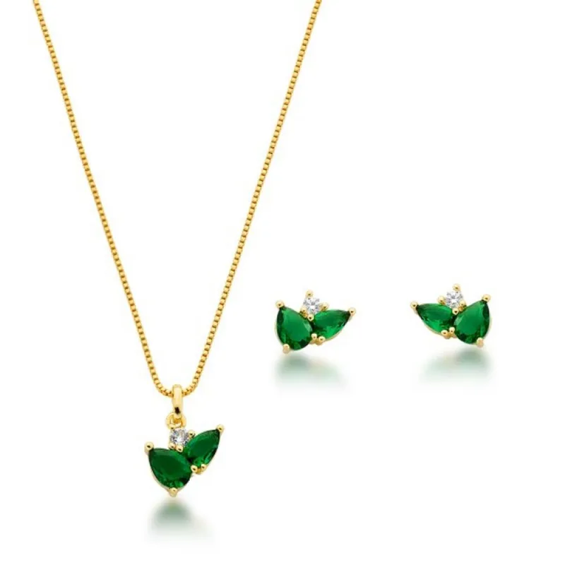 Conjunto Colar e brincos em Zirconias coloridas Banhado a Ouro 18k Verde