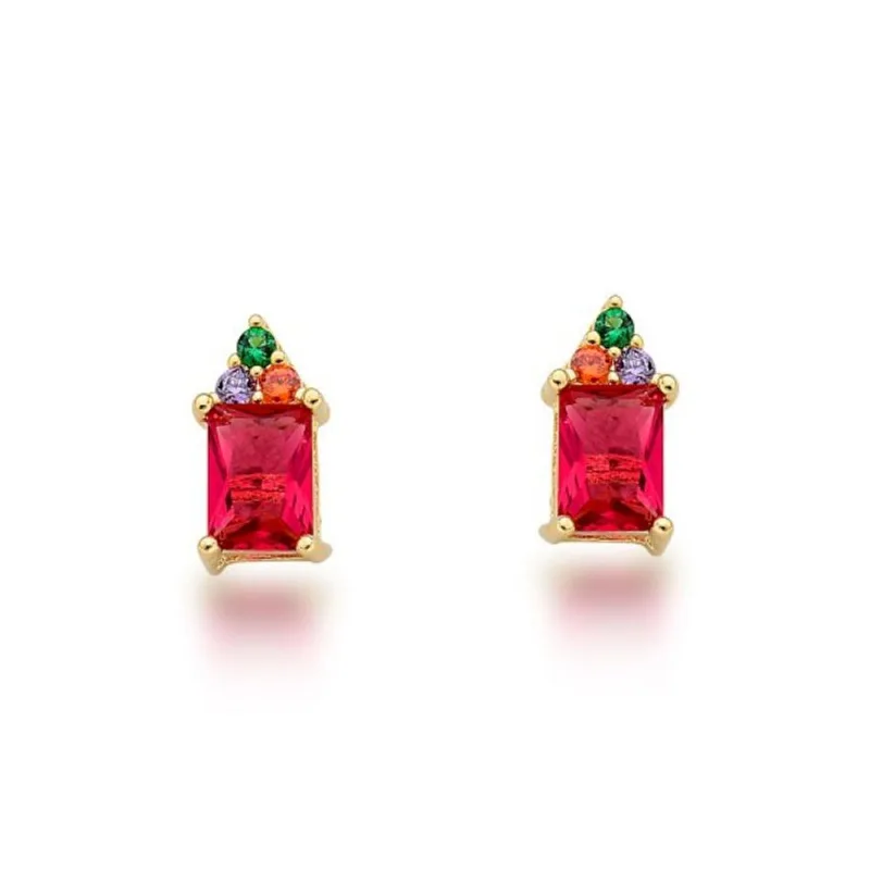 Brinco Ponto de Luz Colorido Banhado a Ouro 18k Vermelho com colorido - Atraktiva Joias