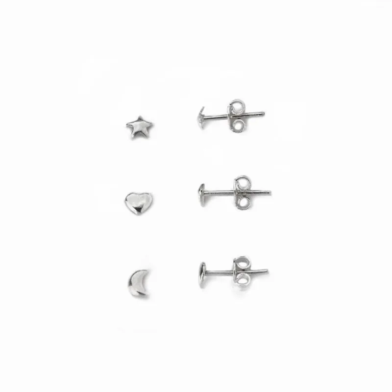 Kit Trio Brincos Estrela, Lua e coração Prata 925 - Atraktiva Joias