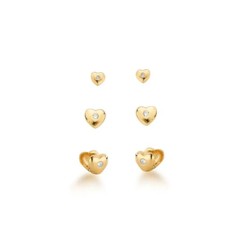 Trio de Brincos Corações com ponto de Luz Banhado a Ouro 18k - Atraktiva Joias