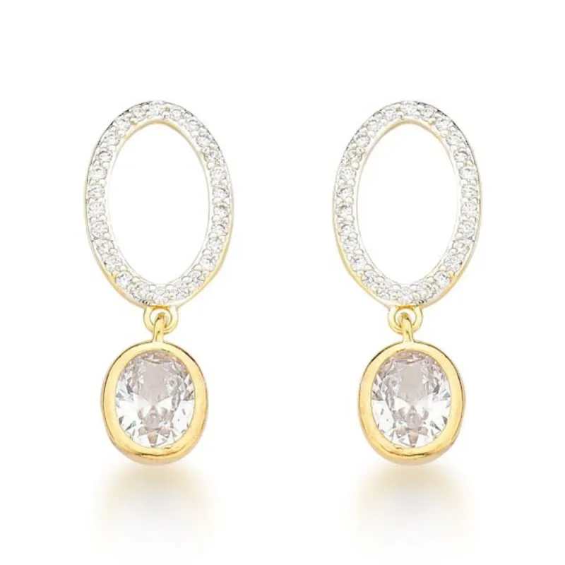Brinco Oval Vazado e com Zirconia Banhado a Ouro 18k Cristal - Atraktiva Joias