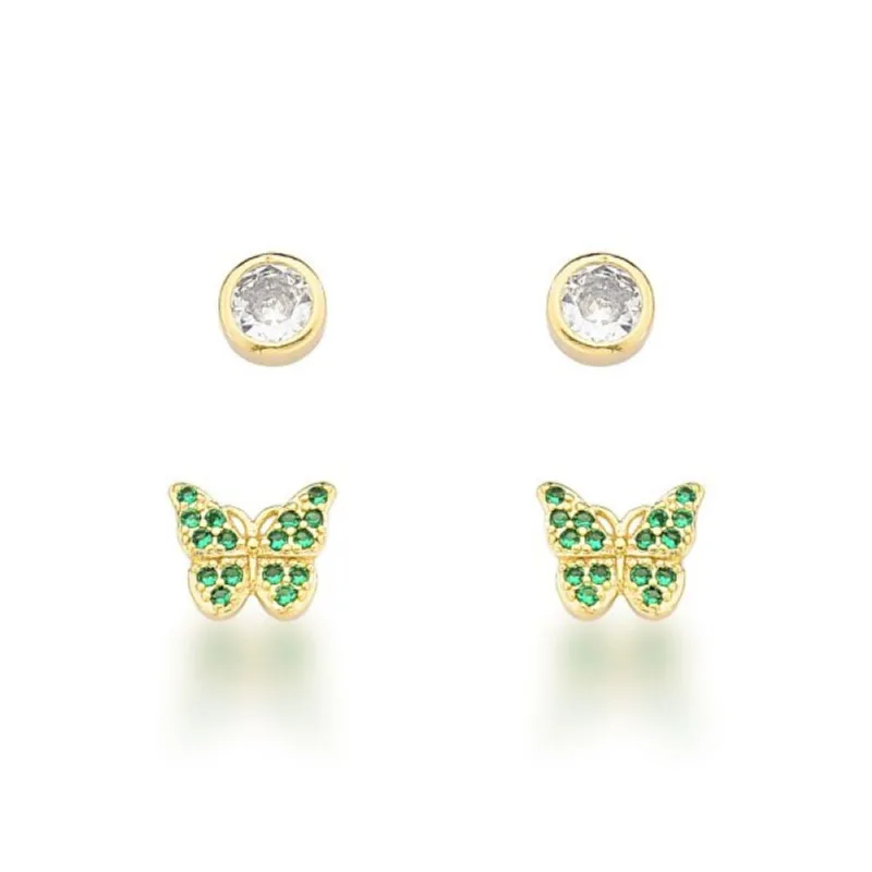 Brinco Dupla Borboleta Verde e ponto de luz Banhado a Ouro 18k - Atraktiva Joias