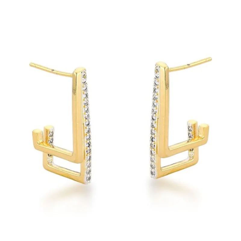 Brinco Quadrado Duas Linhas Banhado a Ouro 18k - Atraktiva Joias