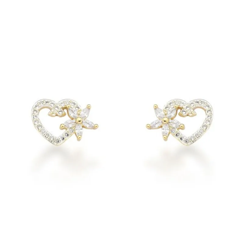 Brinco Coração cravejado com Flor Banhado a Ouro 18k - Atraktiva Joias