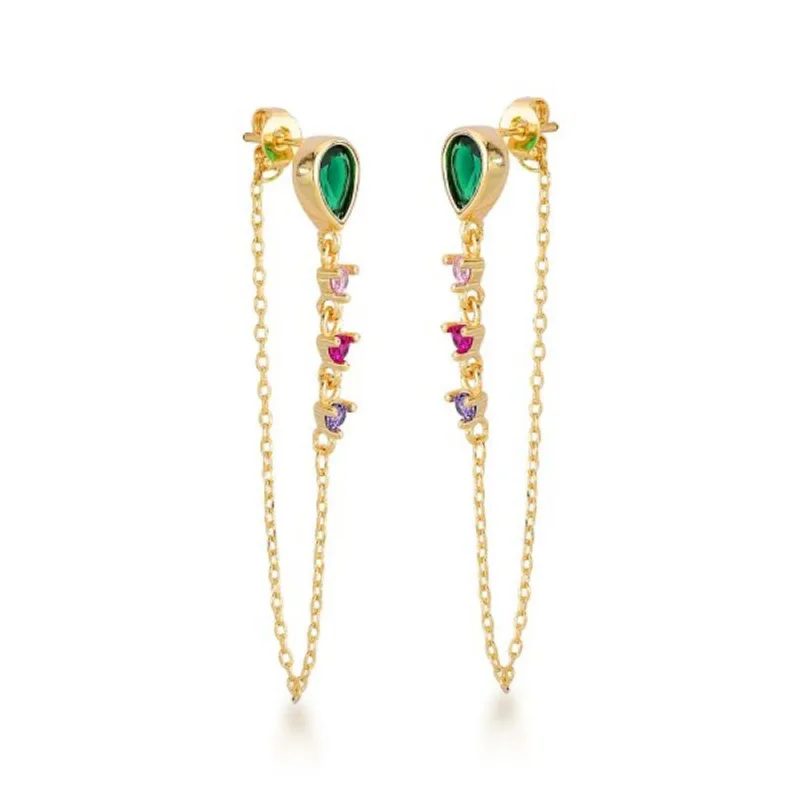 Brinco Gota Zirconia com Corrente Zircônios coloridos Banhado a Ouro 18k Cristal - Atraktiva Joias
