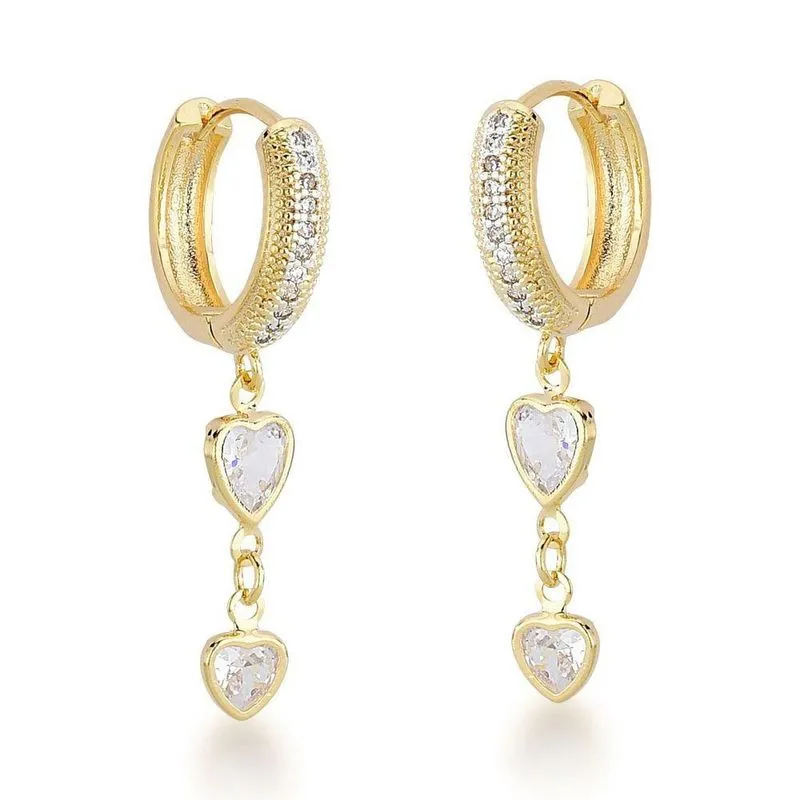 Brinco Argola Com Duas Zirconias Penduradas Banhado A Ouro 18k