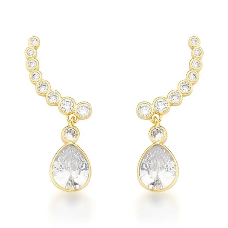 Brinco Earcuff Cravejado e com Pingente Oval Banhado a Ouro 18k - Atraktiva Joias