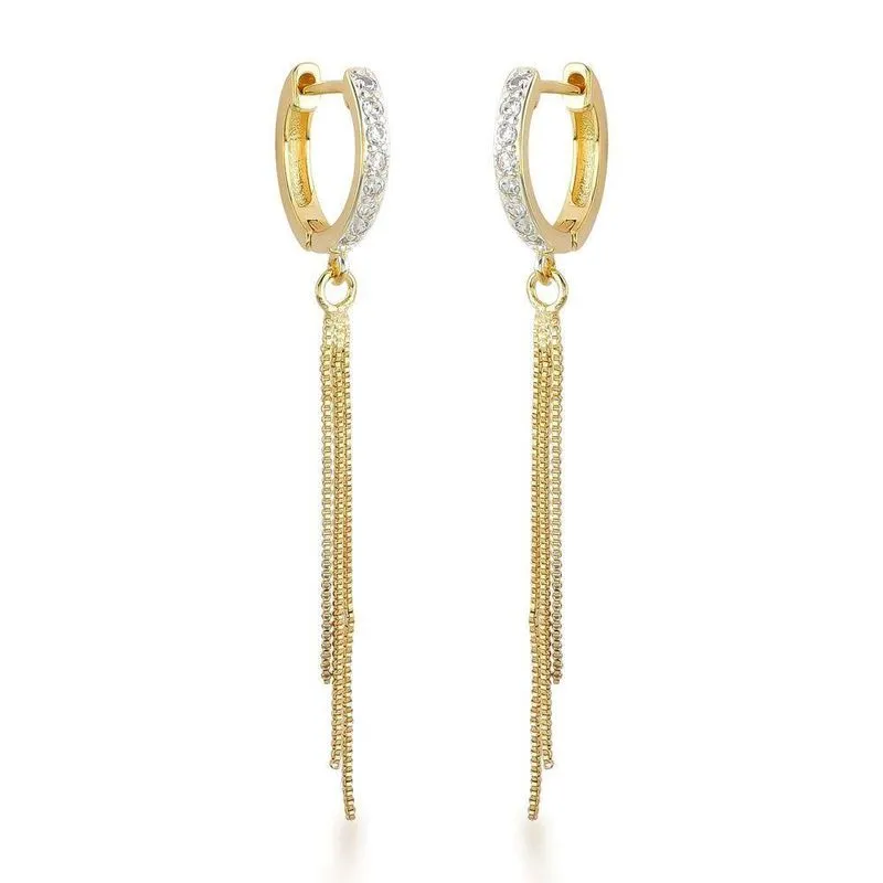 Brincos De Argola Com Franja Elegantes Banhados A Ouro 18k Com Zircônias Cristais Banhado A Ouro 18k
