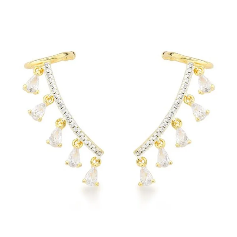 Brincos Earcuff Banhados a Ouro 18k com Elegantes Zircônias Cristais Pendentes - Atraktiva Joias