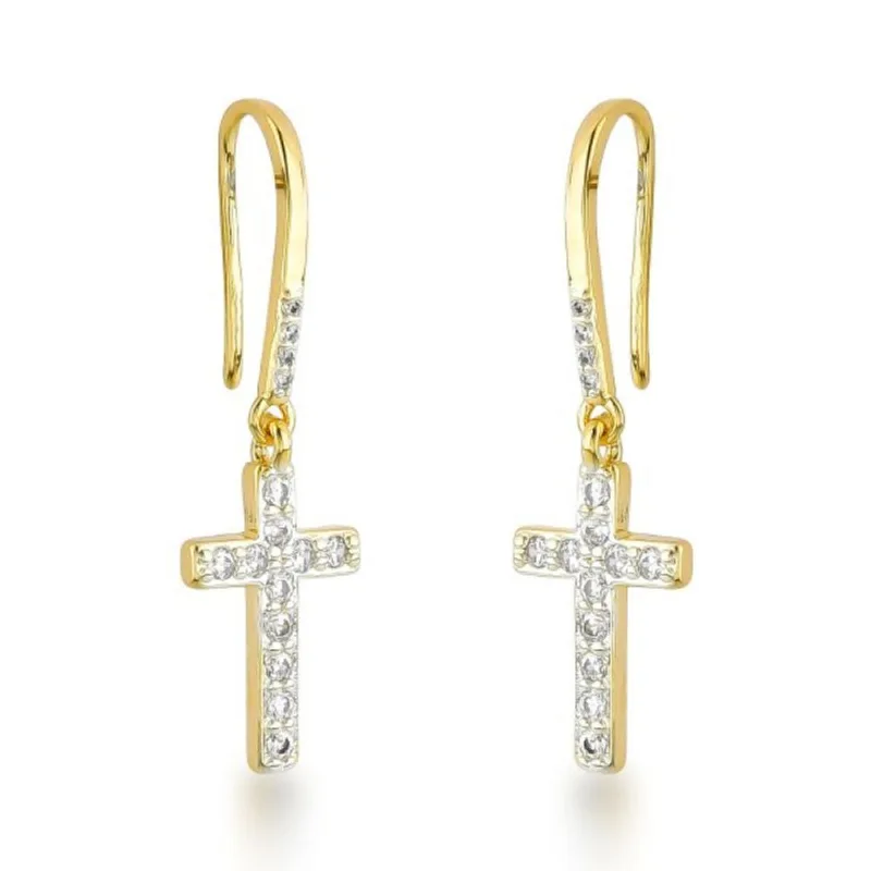 Brincos com Gancho e Cruz de Zircônias Cristais Banhados a Ouro 18k - Atraktiva Joias