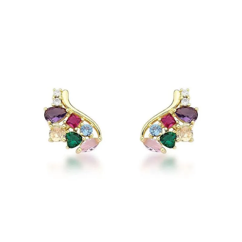 Brincos Contemporâneos Com Zircônias Multicoloridas Em Ouro 18k