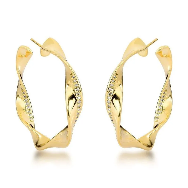 Brincos Femininos Banhados A Ouro 18k- Estilo Argola Torcida Com Pedras De Zircônia