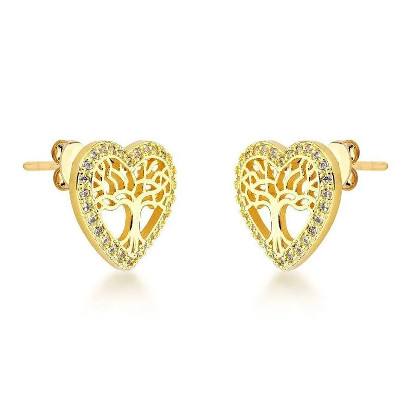 Brinco Coração Arvore Da Vida Banhado A Ouro 18k