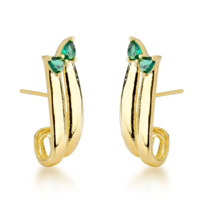 Brincos Duplos Banhados a Ouro 18k – Detalhe em Zircônia para Sofisticação Verde - Atraktiva Joias