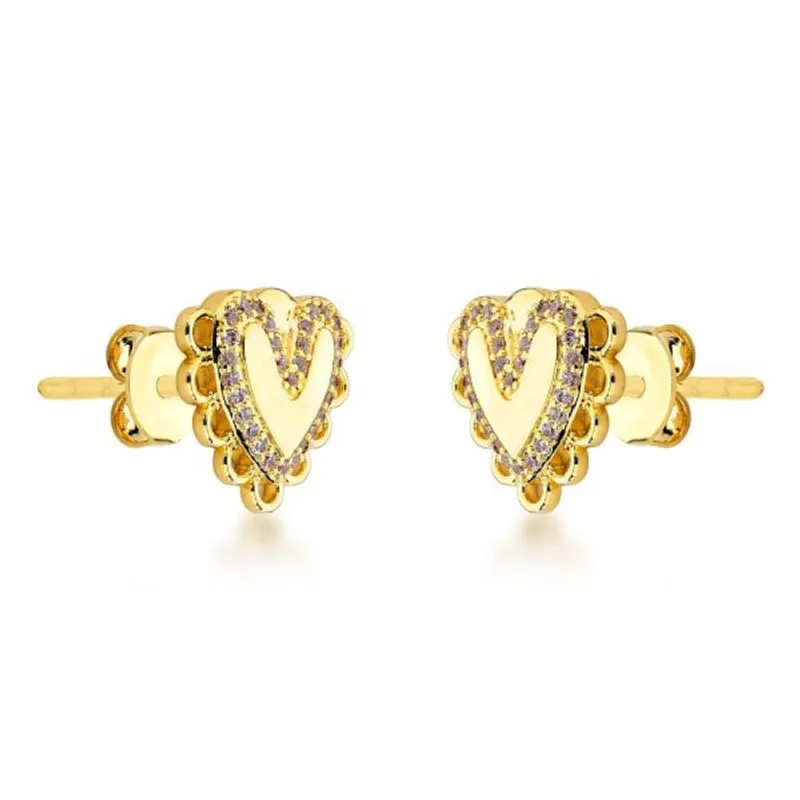Brinco Coração Romantico Brilhoso Banhado a Ouro 18k 1,4cm / Dourado - Atraktiva Joias