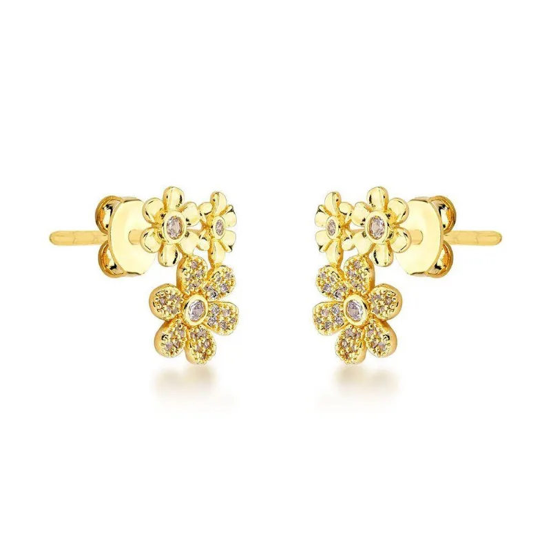 Brincos Florais Banhados A Ouro 18k Com Zircônias - Atraktiva Joias