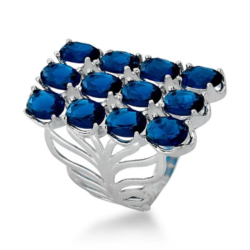 Anel Retangular Zircônias Ovais Prata 925 24 / Azul - Atraktiva Joias