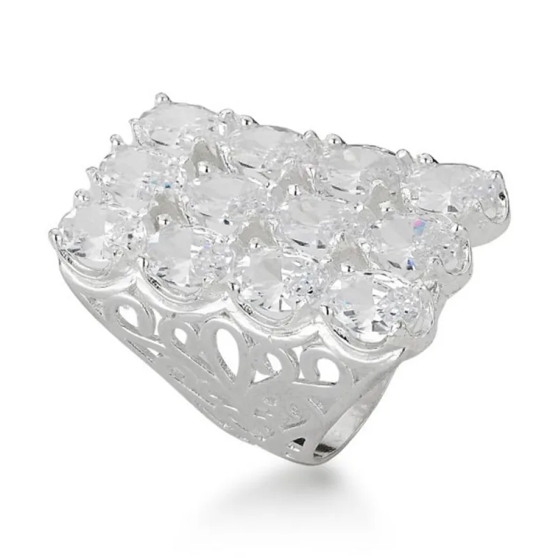 Anel Retangular Zircônias Ovais Prata 925 19 / Cristal - Atraktiva Joias