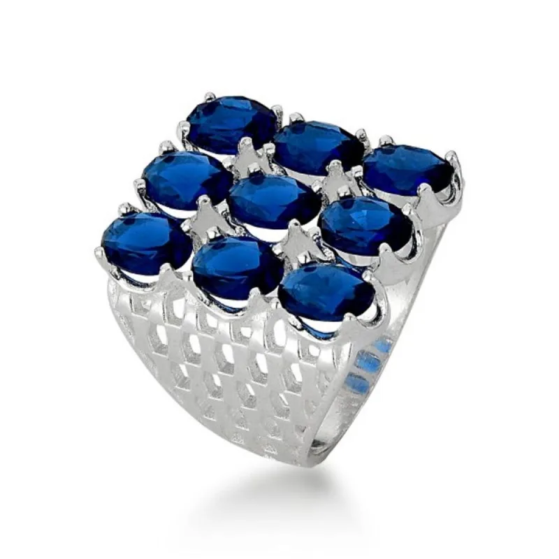 Anel Com 09 Zircônias Ovais em Prata 925 21 / Azul - Atraktiva Joias