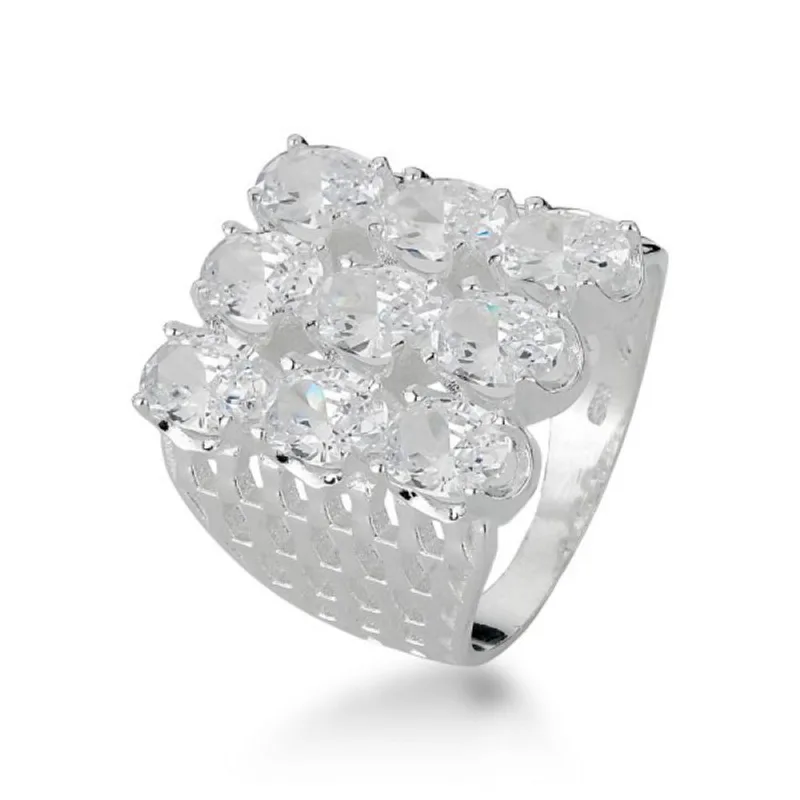 Anel Com 09 Zircônias Ovais em Prata 925 18 / Cristal - Atraktiva Joias
