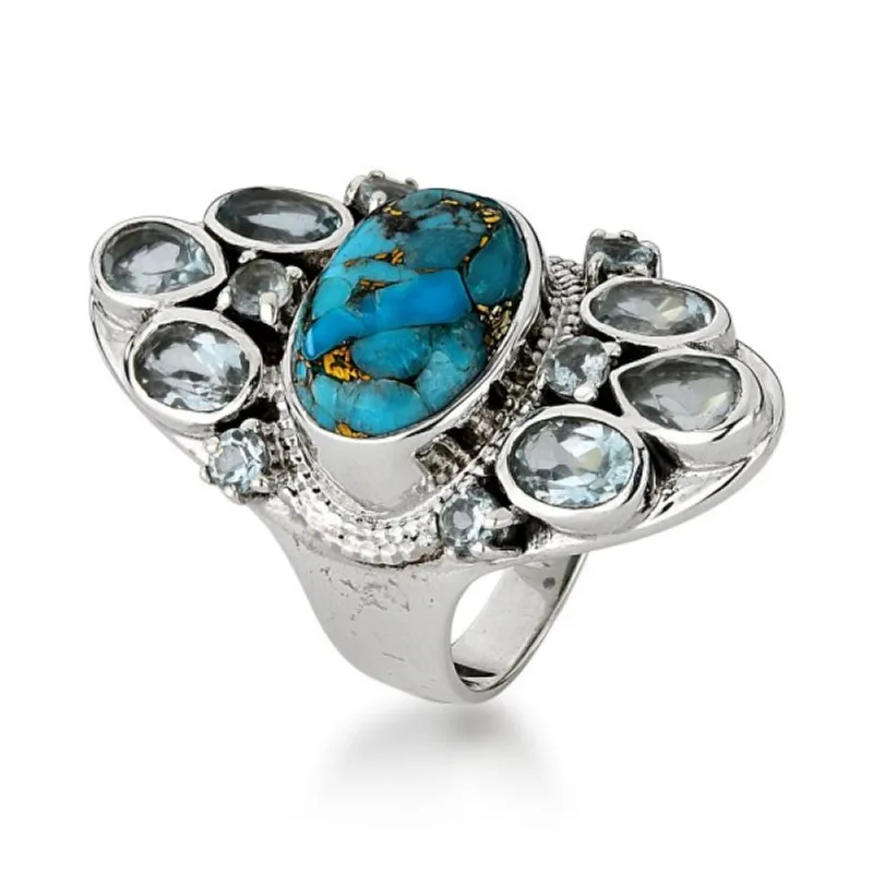 Anel Oval com Pedra Turquesa Imperial e Peridoto Azul em Prata 925 19 / Prata - Atraktiva Joias