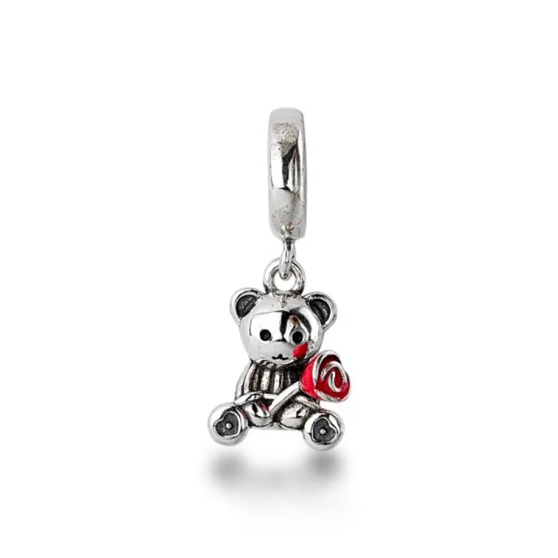 Berloque de Urso em Prata 925 com Rosa Vermelha Esmaltada - Charme Elegante - Atraktiva Joias