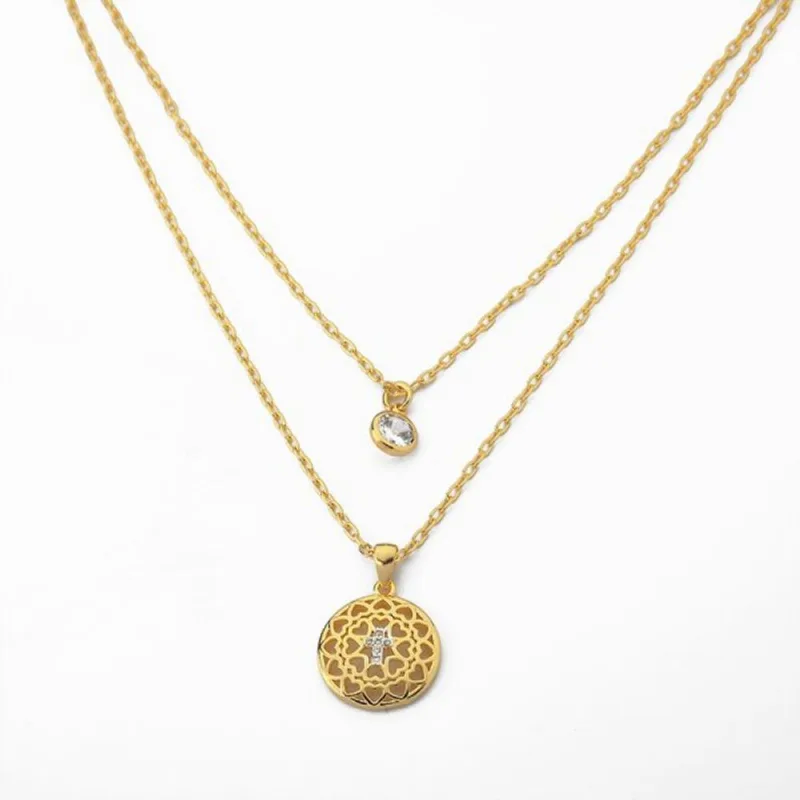Colar Duplo Mandala com Pingente religioso e Ponto de Luz Banhado a Ouro 18k - Atraktiva Joias