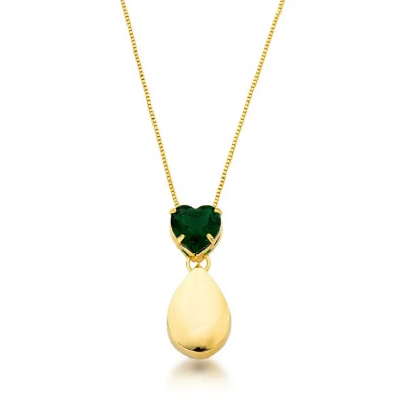 Colar gota lisa e Zirconia coração Banhada Ouro 18k Esmeralda