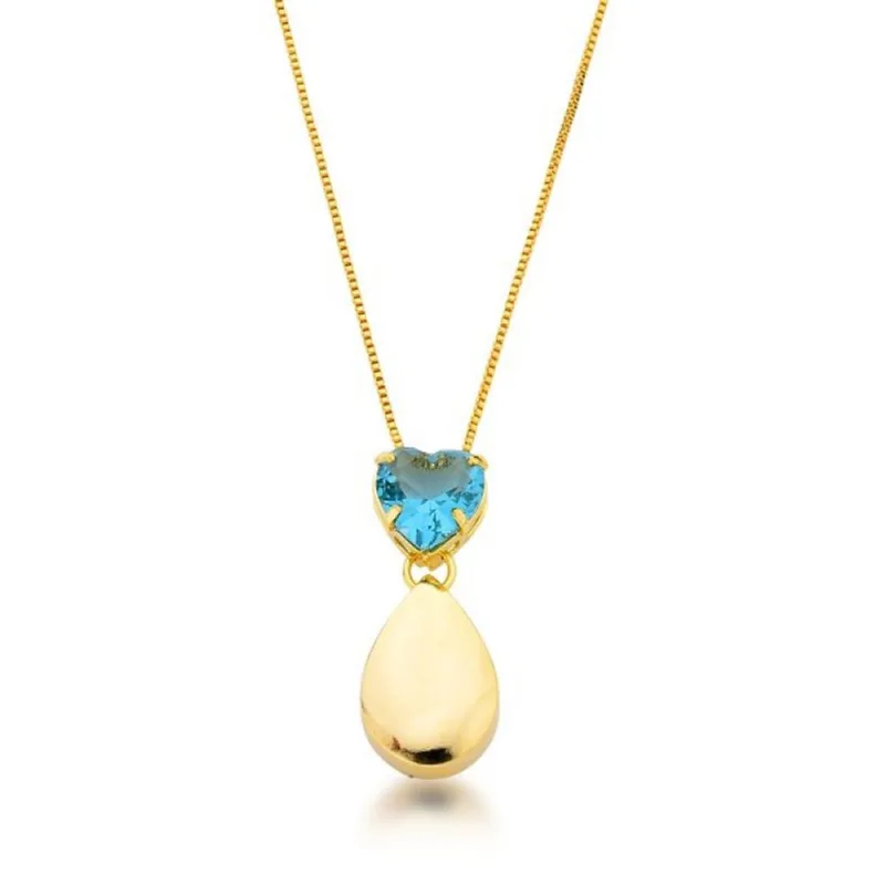 Colar gota lisa e Zirconia coração Banhada Ouro 18k Aqua Marine