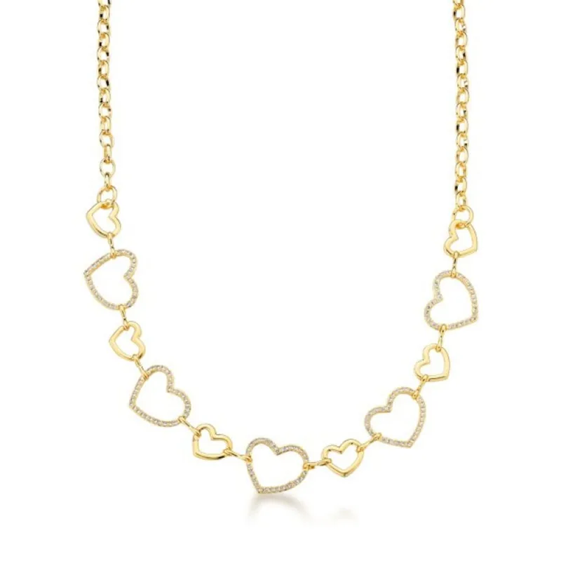 Colar Choker com Corações Lisos e Cravejados Banhado a Ouro 18k 45cm / Dourado - Atraktiva Joias
