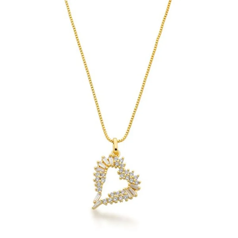 Colar coração cravejado Zirconias Cristais Banhado Ouro 18k 45cm / Dourado