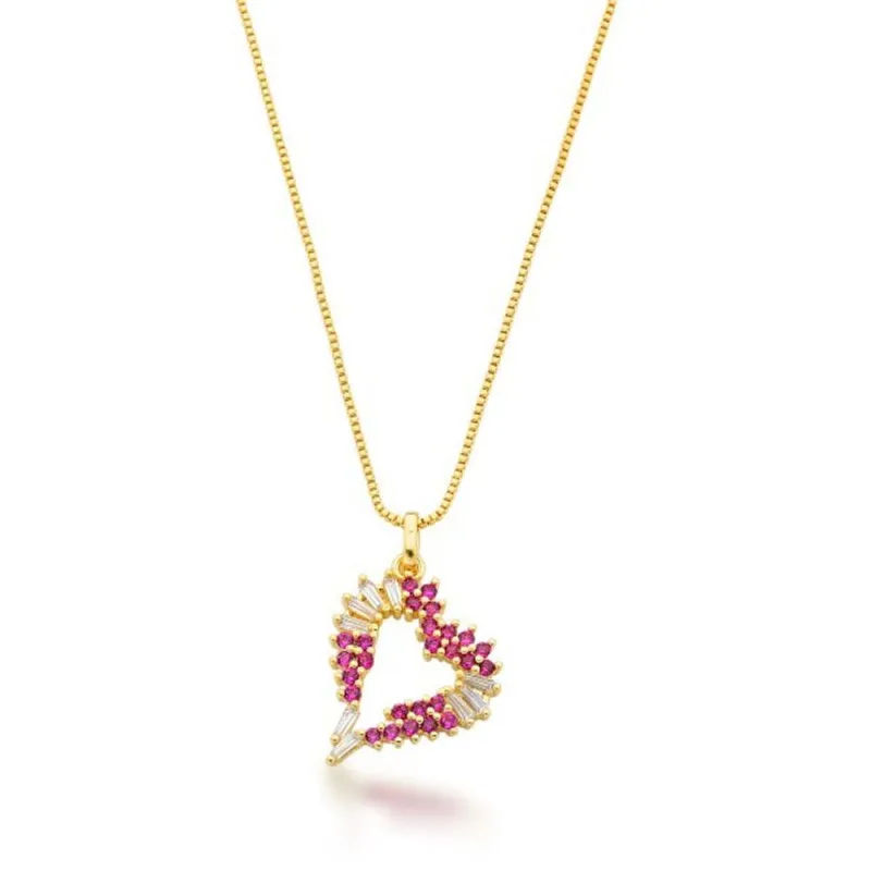 Colar Coração com Zirconias vermelhas e Cristais Banhadas a Ouro 18k 45cm / Dourado - Atraktiva Joias