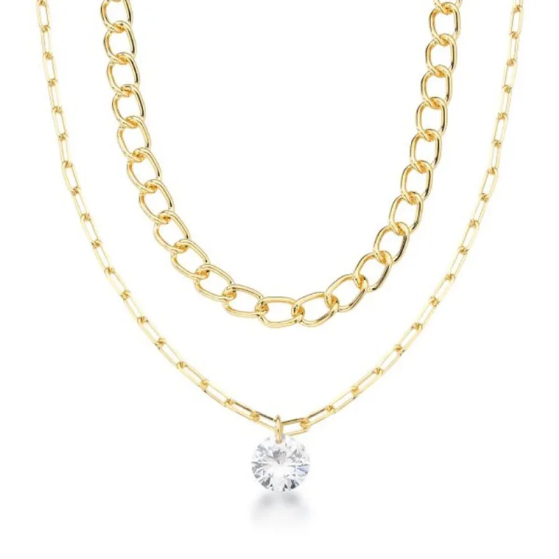 Colar Duplo com Correntes de Elos e Zircônio Redondo Banhado a Ouro 18k 40cm / Dourado - Atraktiva Joias