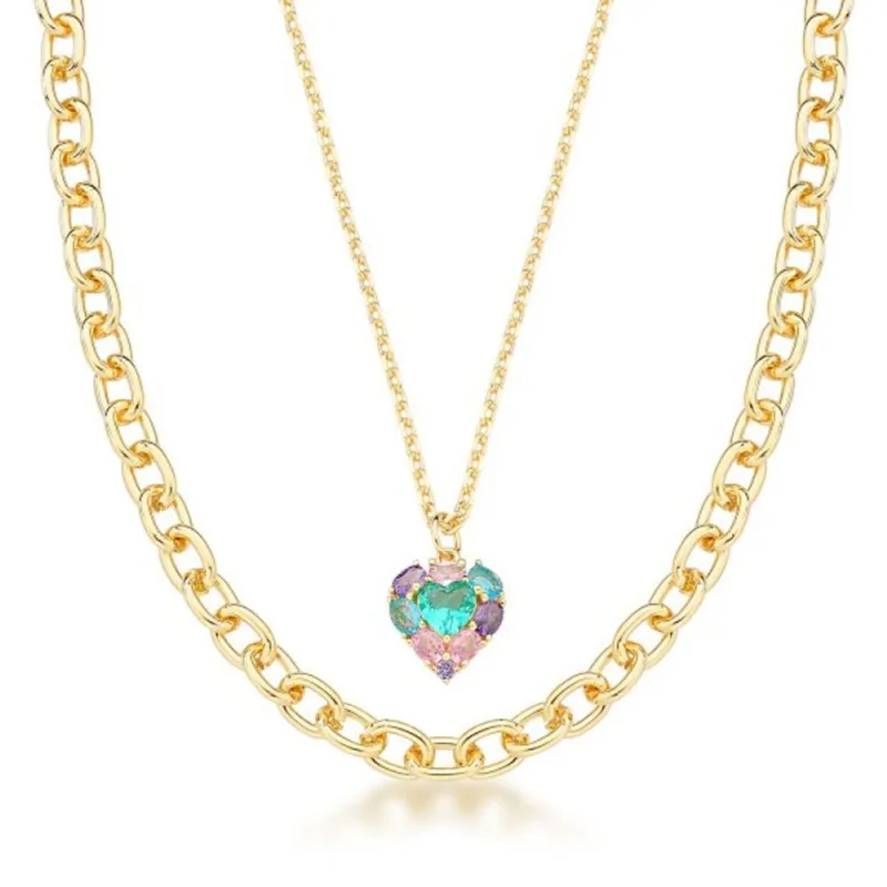 Colar Mix Correntes de Elos e Coração colorido Banhado a Ouro 18k 40cm / Dourado - Atraktiva Joias